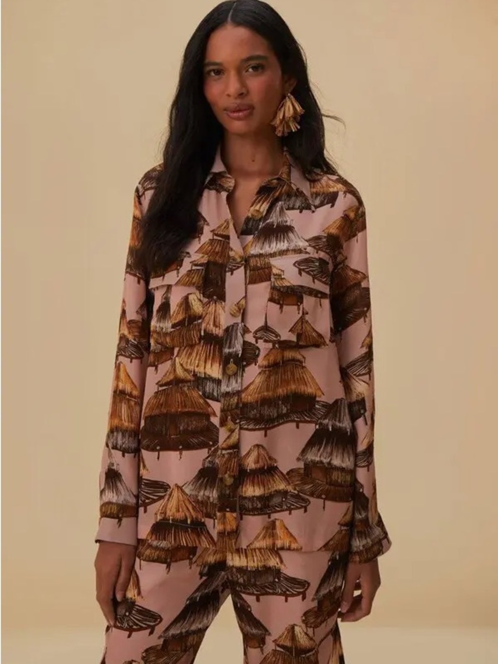 Farm Rio Shuhu Beige Cargo Button Down Shirt, M